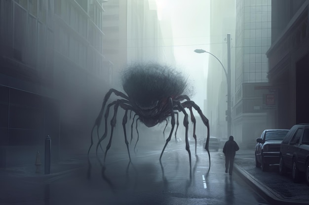 안개가 자욱한 도시 거리를 배회하는 거대한 독이 있는 해골 거미의 디지털 그림 제너레이티브 AI