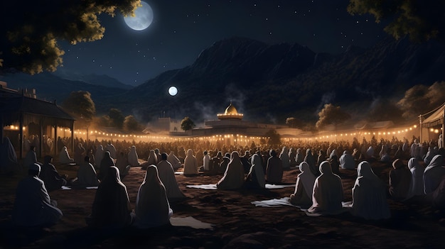 タラウィー礼拝に集まるコミュニティのデジタル絵画