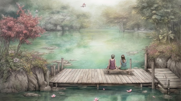 Photo a digital painting of a couple sitting on a dock in a lake with a bird flying above them.