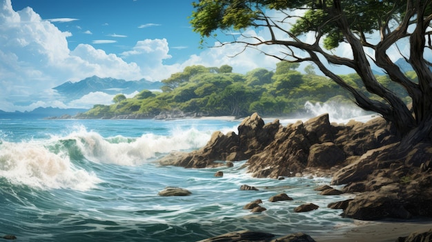 Digital Painting Of Crashing Waves And Trees On The Coast