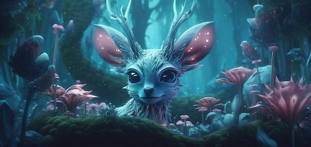 A digital painting of a creature with horns and a forest background.