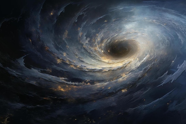 중앙에 블랙홀이 있는 어둡고 노란색 은하계의 디지털 그림입니다.
