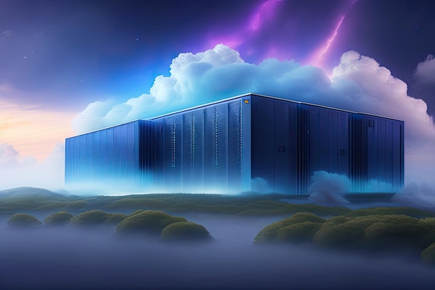 A digital painting of a datacenter building with a purple sky and a lightning in the background