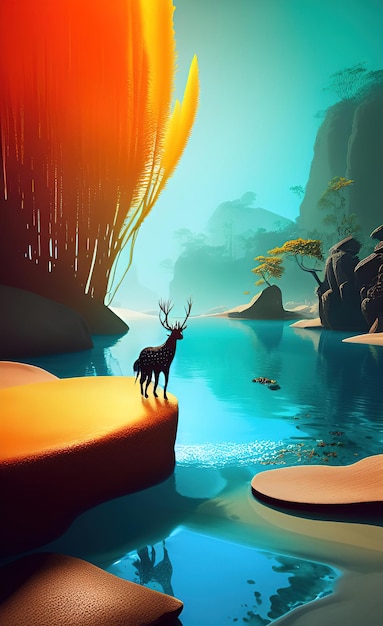 A digital painting of a deer standing on a cliff in front of a lake.