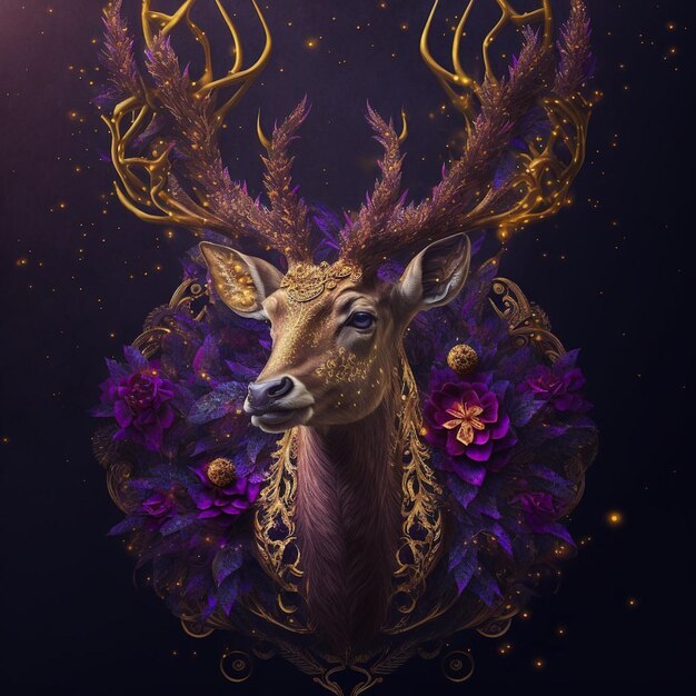 A digital painting of a deer with flowers on it