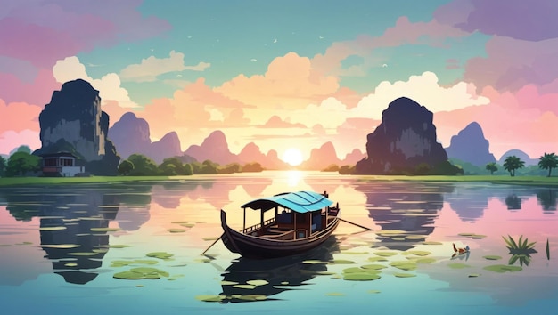 Photo digital painting delight boat illustration in ninh binh river with handdrawn feel