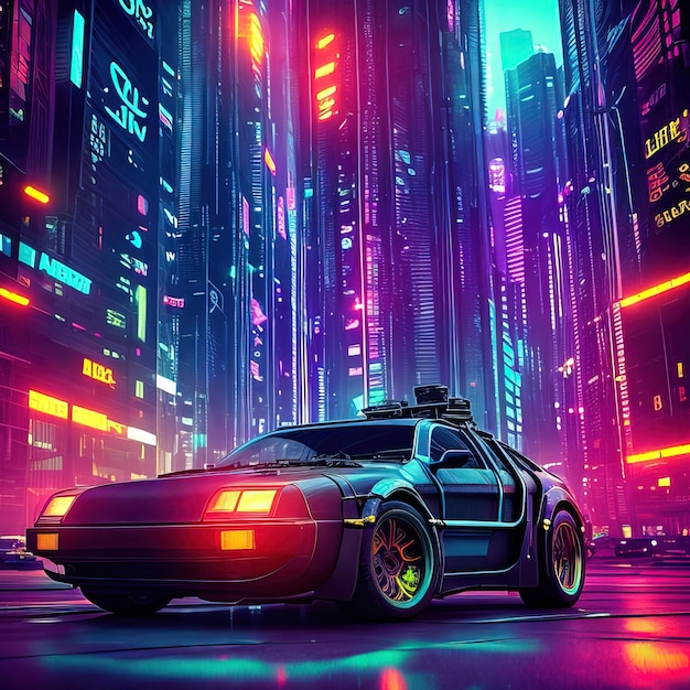 A digital painting of a delorean car in a city.