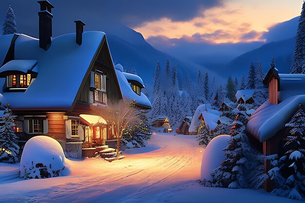 Digital painting depicting a charming alpine village blanketed in snow during the twilight hours