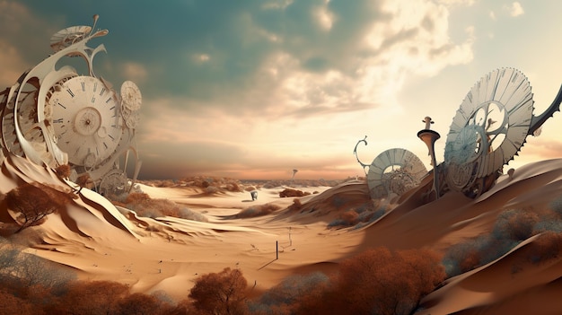 A digital painting of a desert landscape with a clock Generative AI image