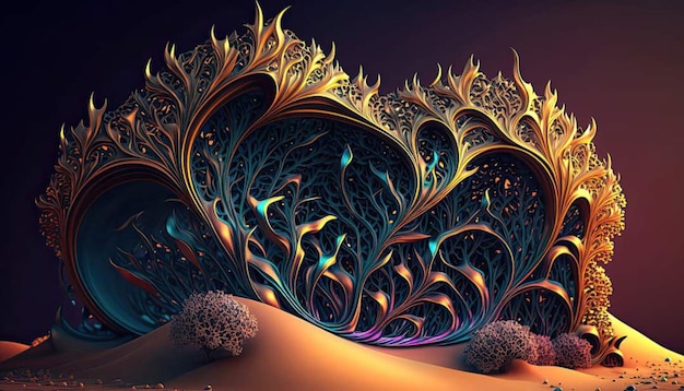 A digital painting of a desert with a picture of a tree and the words'magic'on it