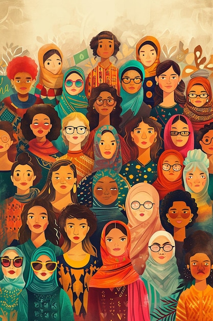 A digital painting of a diverse group of women from various cultures and professions