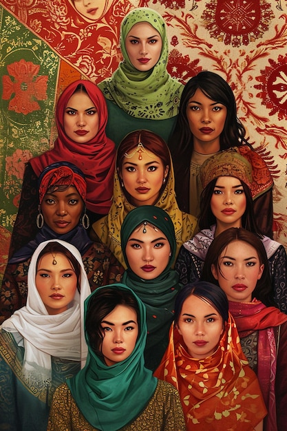 さまざまな文化や職業を持つ多様な女性グループを描いたデジタル絵画