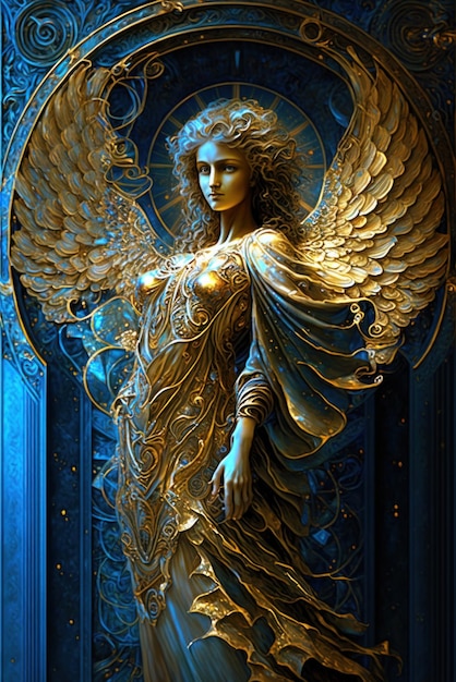 Digital painting of a divine angel with golden dress and golden wings on blue background