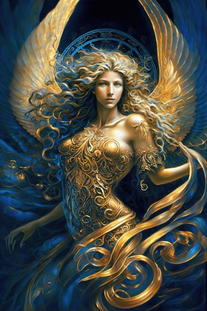 Digital painting of a divine angel with golden dress and golden wings on blue background