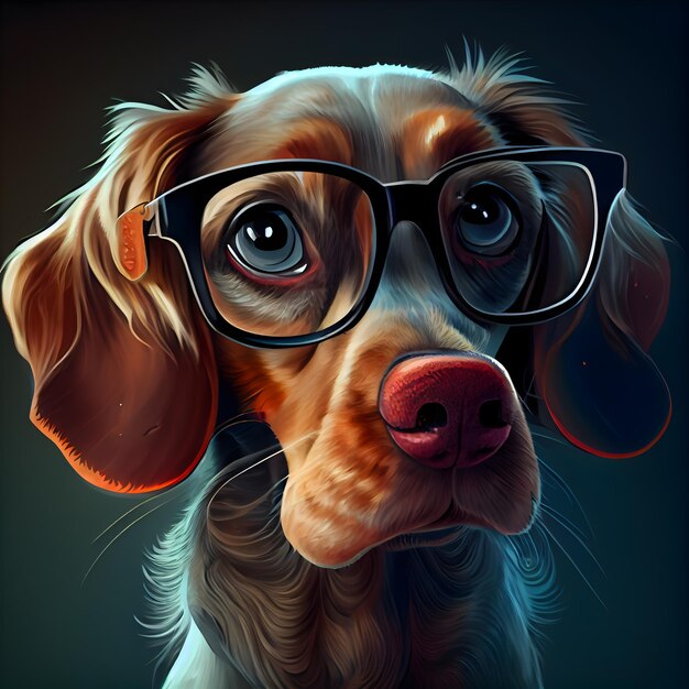 Digital painting of a dog with glasses isolated on black background