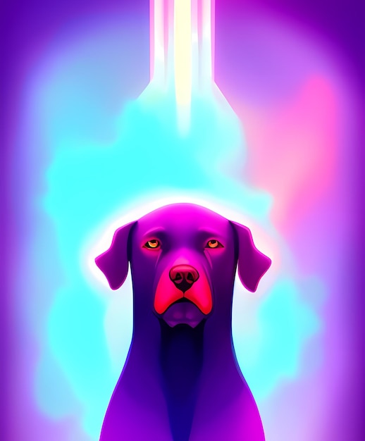 Photo digital painting of a dog, with neon flashy lights