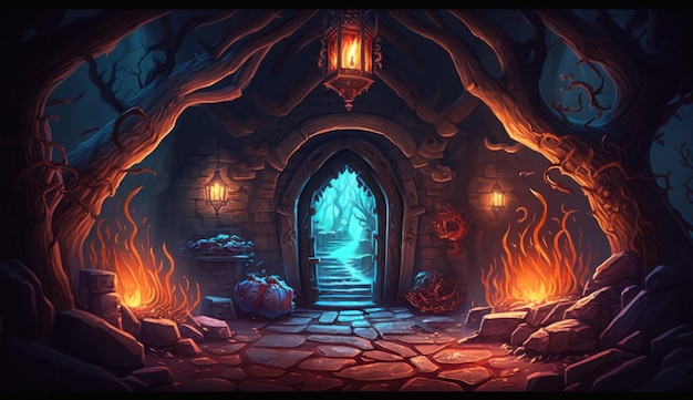 A digital painting of a door in a dark room with a fire in the background.