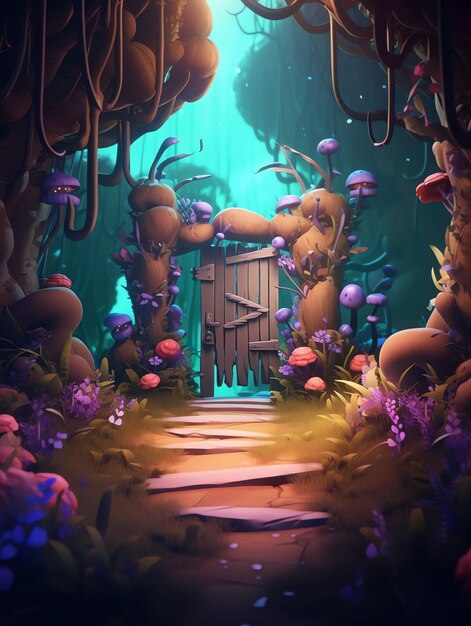 A digital painting of a door in a forest with mushrooms on it.