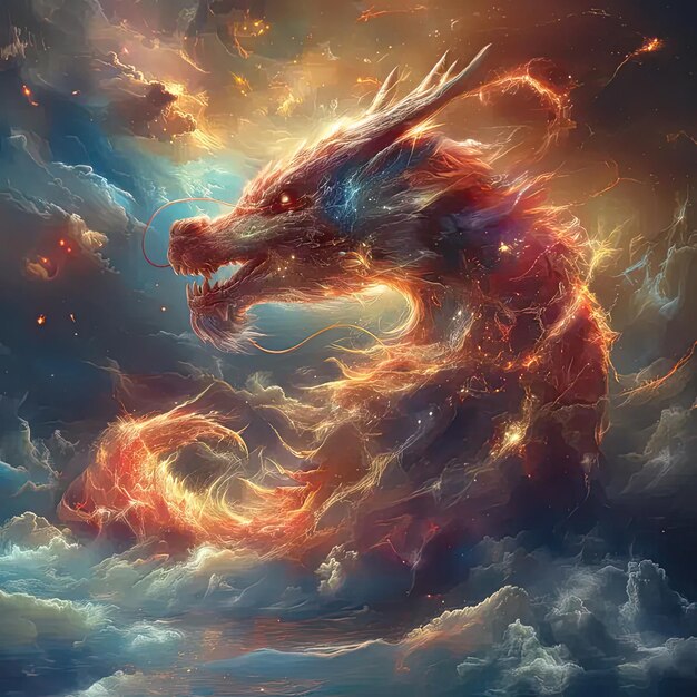 A digital painting of a dragon in the sky