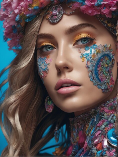 Digital painting drawing art of beautiful woman with flower background creative makeup boho style