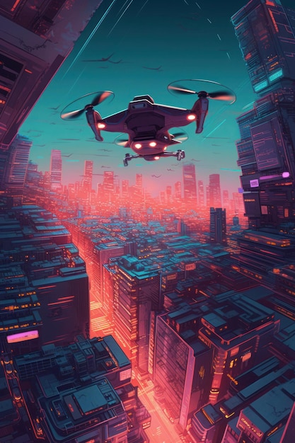 A digital painting of a drone flying over a city.