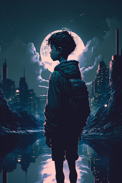 Digital painting in dusk style of a boy standing alone in a post apocalyptic city