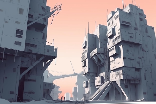 Цифровая картина антиутопического городского пейзажа будущего с впечатляющими бруталистическими зданиями 3D-иллюстрация Generative AI
