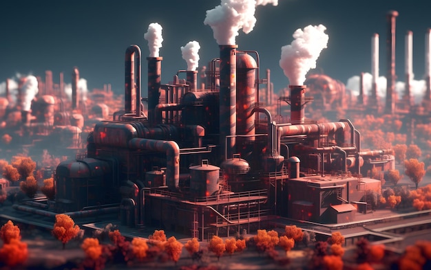 A digital painting of a factory with smoke coming out of it.