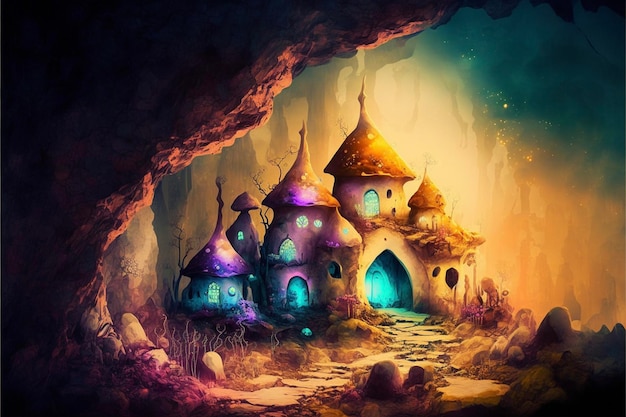 Digital painting of a fairy castle in a cave generative ai