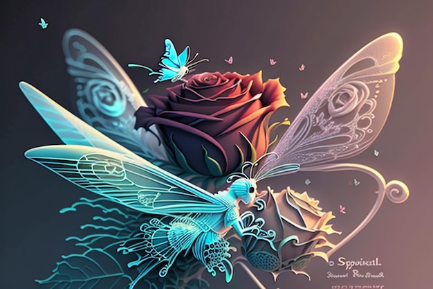 A digital painting of a fairy with a flower and butterfly on it.