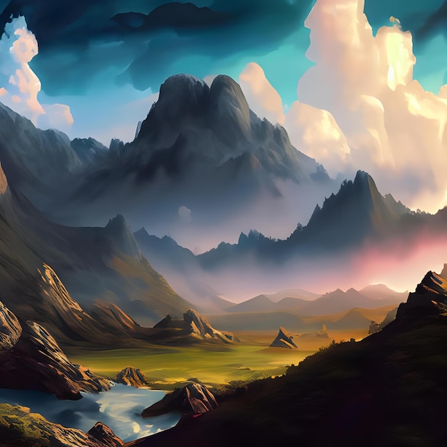 A Digital Painting Of A Fantasy Landscape With Mountains And Clouds 4