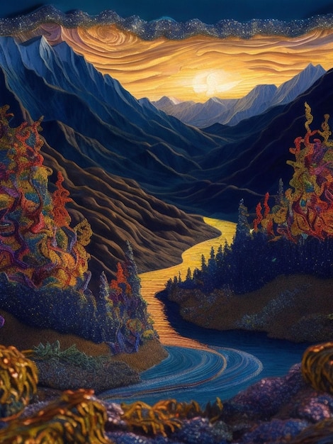 Цифровая живопись фантастического пейзажа с рекой и горами на заднем плане