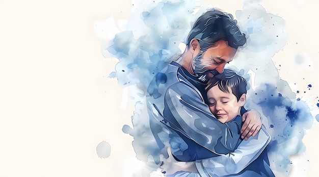 Digital painting of father and son hugging each other in front of a white backgroundEmbrace of Comfort A Watercolor Representation