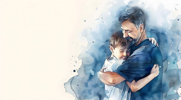 父と息子が白い背景の前で抱きしめ合っているデジタル絵画 慰めの抱きしみ 水彩画