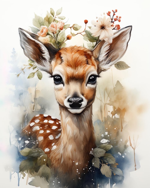 Digital painting of a fawn with flowers in her hair on a white background