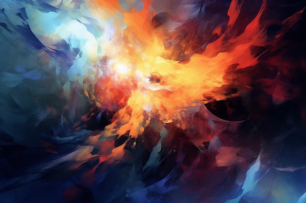 A digital painting of a fireball with a colorful background.