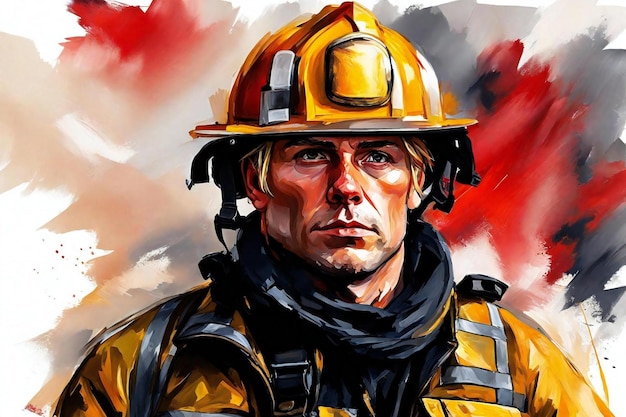 Digital painting of a firefighter in a yellow uniform with a helmet on his head