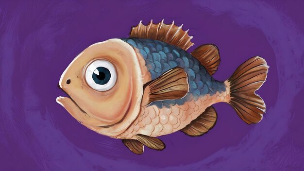 A digital painting of a fish with a big eye and a purple background