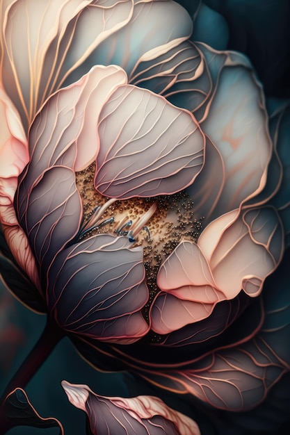 A digital painting of a flower with a pink and blue background.