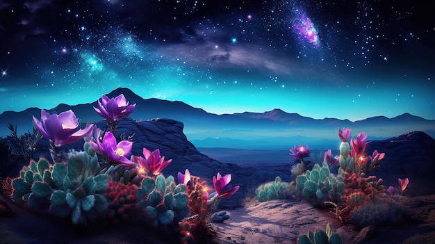 A digital painting of flowers in the desert.