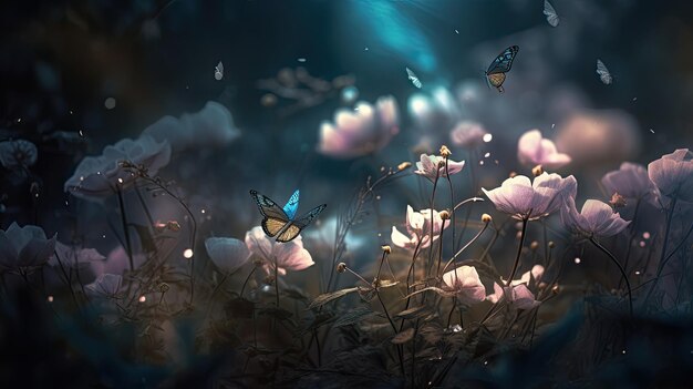 A digital painting of flowers with a butterfly on the top.