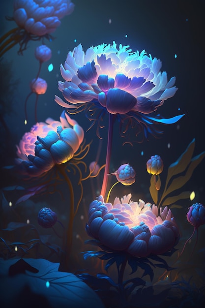 A digital painting of flowers with the light shining on them.