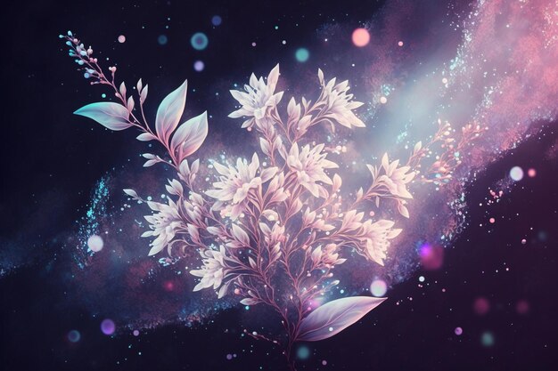 A digital painting of flowers with a purple background