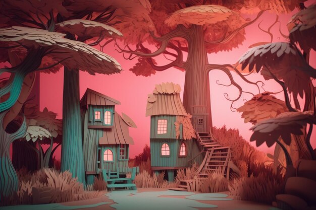 A digital painting of a forest scene with a tree house and a house with a red background.