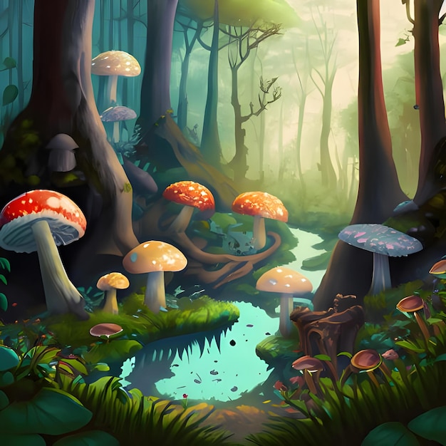 A Digital Painting Of A Forest With Animals And Mushrooms 0