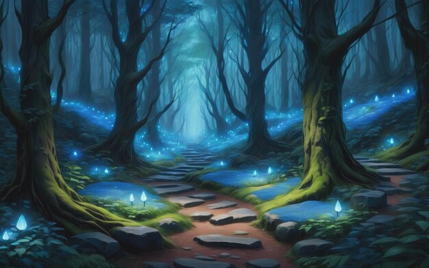 A digital painting of a forest with blue lights and a blue stone path
