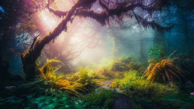 A digital painting of a forest with a forest scene in the background.