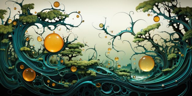 A digital painting of a forest with lots of bubbles