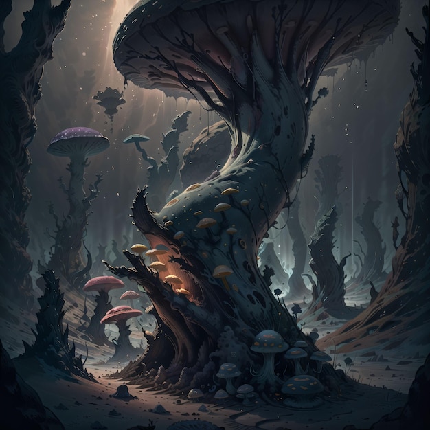 A digital painting of a forest with a mushroom on it.