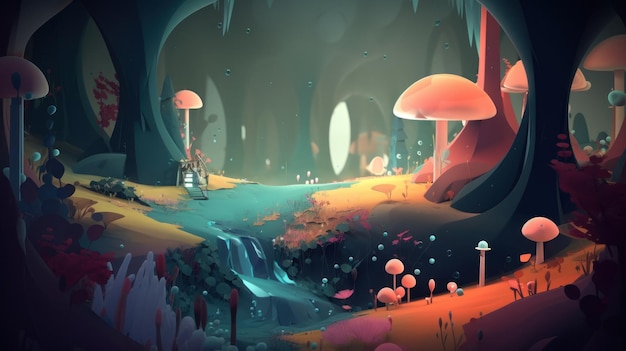 A digital painting of a forest with a mushroom and a waterfall.